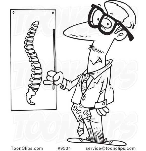 Cartoon Black and White Line Drawing of a Chiropractor by a Spine Chart