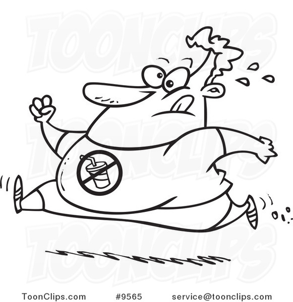 Cartoon Black and White Line Drawing of a Chubby Guy Running