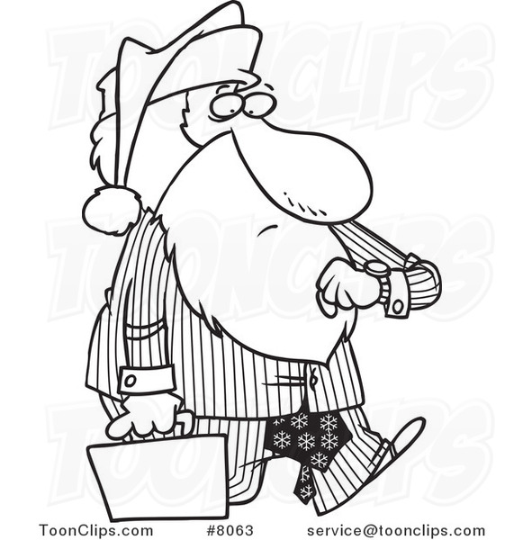 Cartoon Black and White Line Drawing of a Corporate Santa