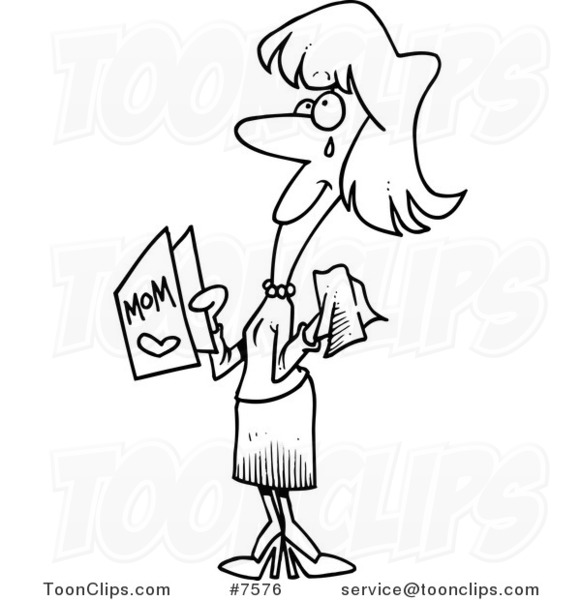 Cartoon Black and White Line Drawing of a Crying Mom Holding a Mothers Day Card