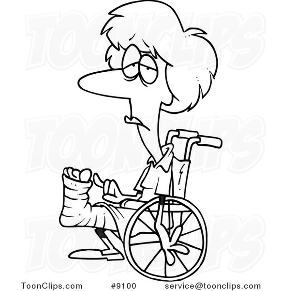 Cartoon Black and White Line Drawing of a Depressed Lady in a Wheelchair