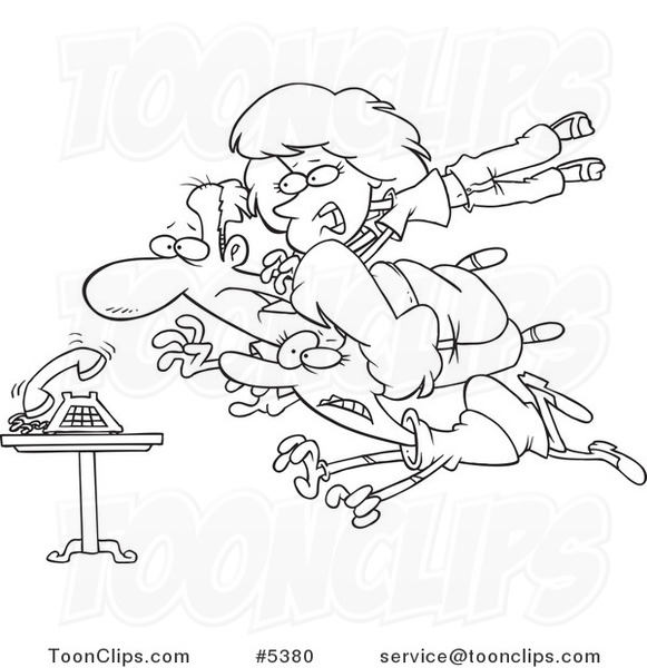Cartoon Black and White Line Drawing of a Family Diving for a Ringing Phone