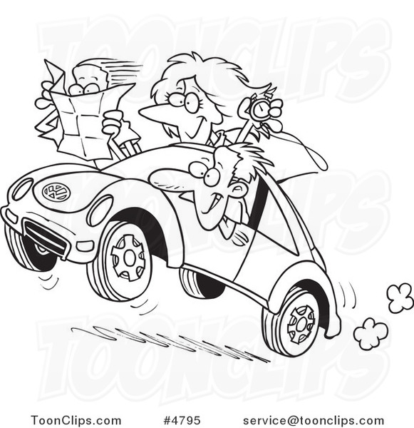 Cartoon Black and White Line Drawing of a Family Driving a Rally