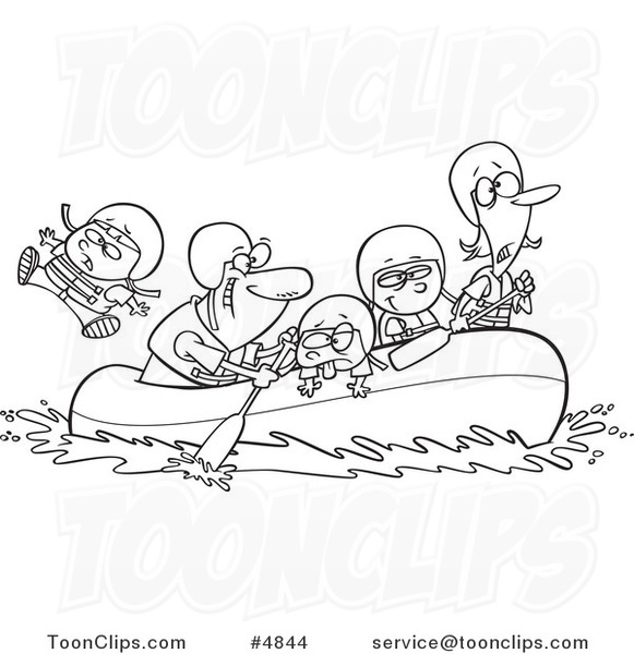 Cartoon Black and White Line Drawing of a Family Rafting