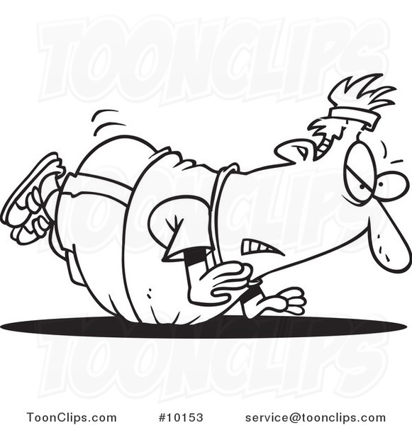 Cartoon Black and White Line Drawing of a Fat Guy Doing Pushups