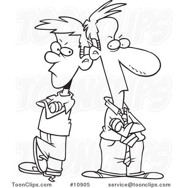 Cartoon Black and White Line Drawing of a Father and Son Having a Stand off