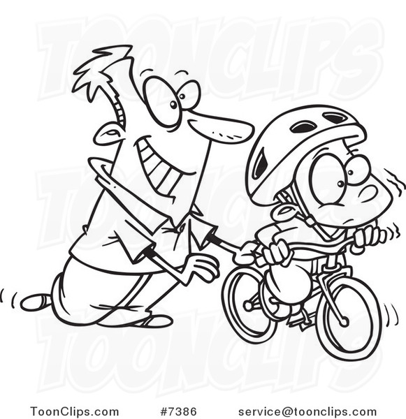 Cartoon Black and White Line Drawing of a Father Teaching His Boy to Ride a Bike