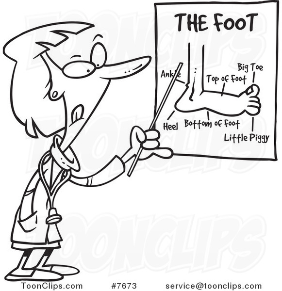 Cartoon Black and White Line Drawing of a Female Foot Doctor Pointing at a Chart