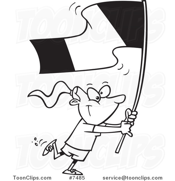 Cartoon Black and White Line Drawing of a Flag Bearer Girl Walking