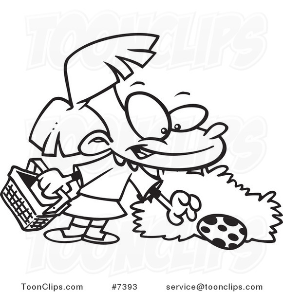 Cartoon Black and White Line Drawing of a Girl Hunging Easter Eggs