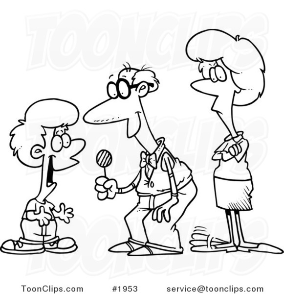 Cartoon Black and White Line Drawing of a Grandfather Giving Candy to His Grandson