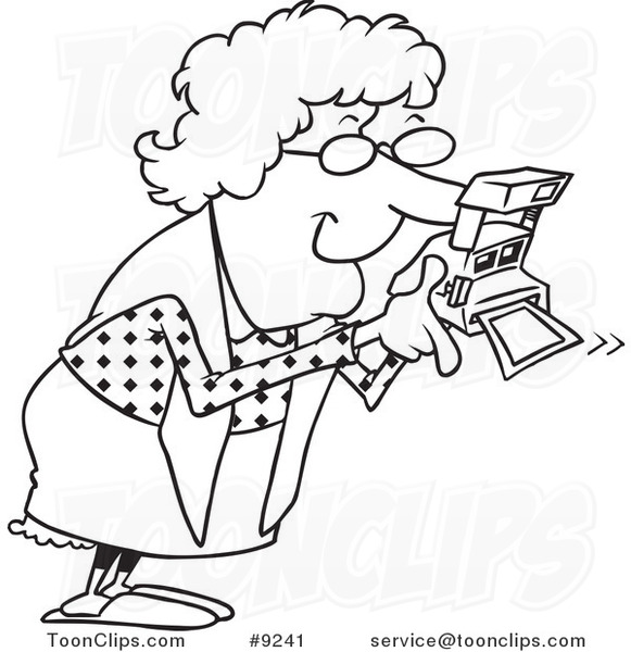 Cartoon Black and White Line Drawing of a Granny Using a Polaroid Camera