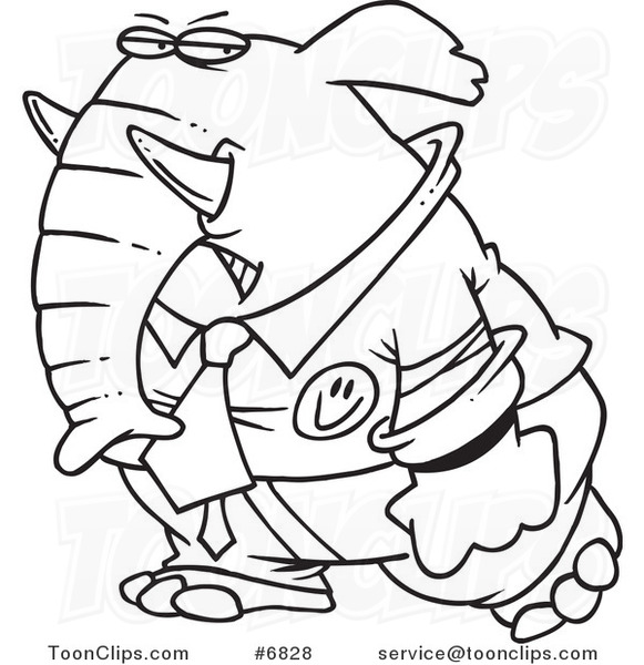 Cartoon Black and White Line Drawing of a Grumpy Business Elephant