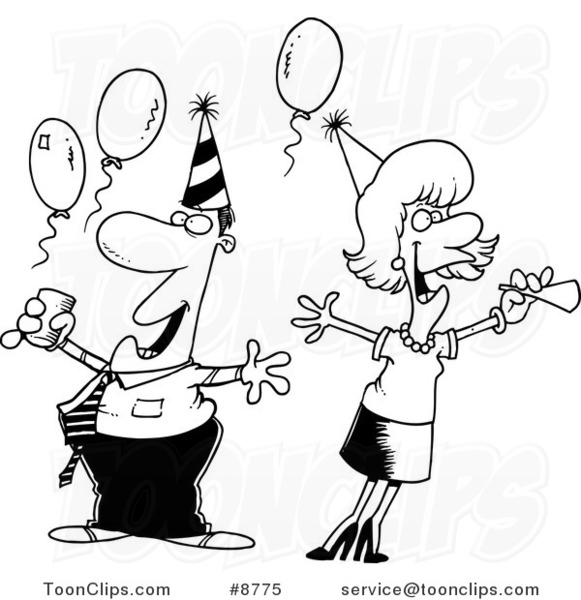 Cartoon Black and White Line Drawing of a Guy and Lady at an Office Party