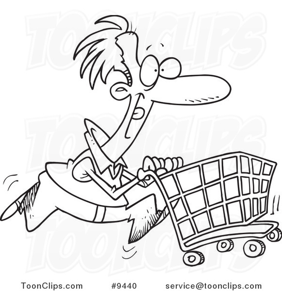 Cartoon Black and White Line Drawing of a Guy Pushing a Shopping Cart