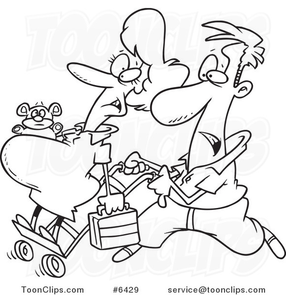 Cartoon Black and White Line Drawing of a Guy Pushing His Pregnant Wife on a Dolly