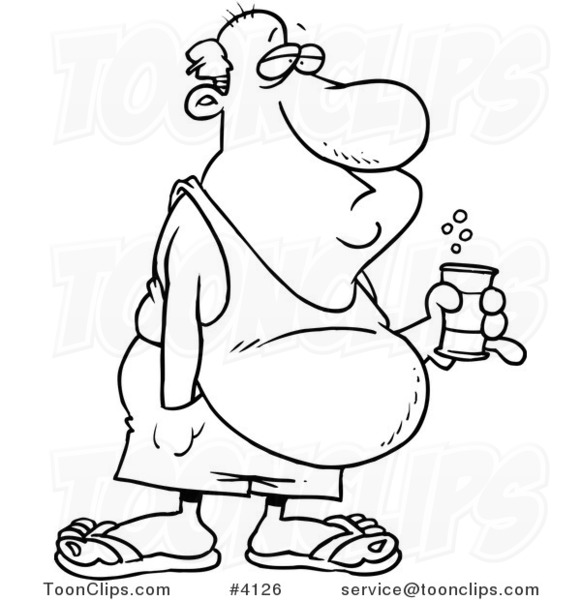 Cartoon Black and White Line Drawing of a Guy with a Beer Belly and