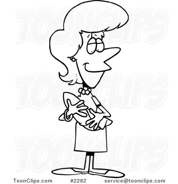 Cartoon Black and White Line Drawing of a Happy Mother Holding a Newborn Baby
