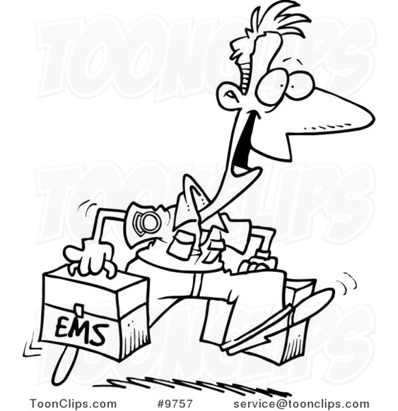 Cartoon Black and White Line Drawing of a Happy Paramedic