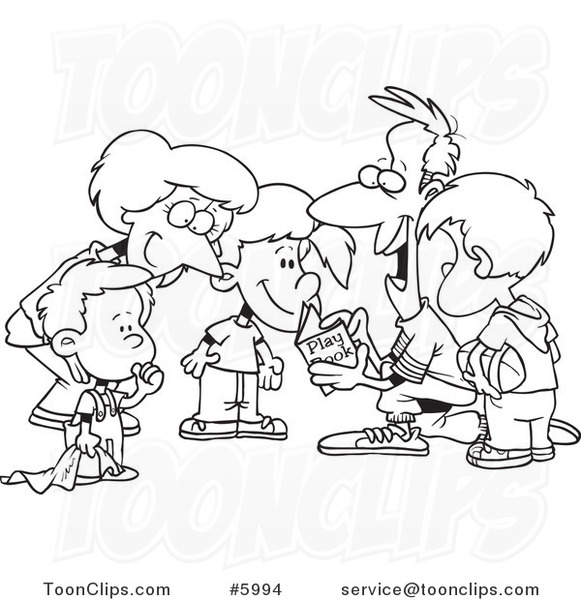 Cartoon Black and White Line Drawing of a Huddled Family Reading a Football Play Book