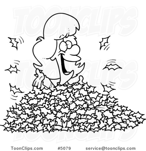 Cartoon Black and White Line Drawing of a Lady Playing in Leaves