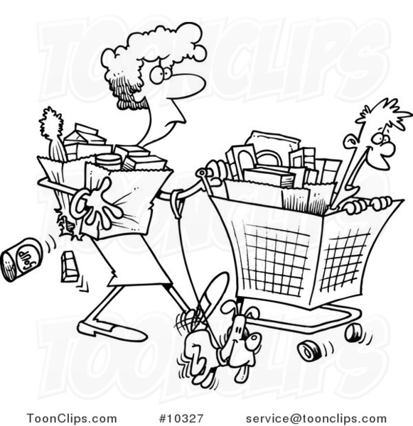 Cartoon Black and White Line Drawing of a Lady Shopping with Her Son