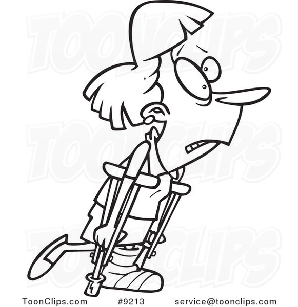 Cartoon Black and White Line Drawing of a Lady Using Crutches
