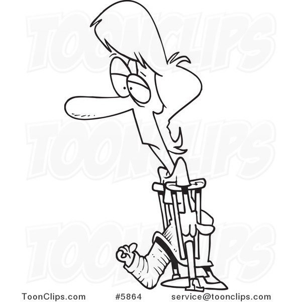 Cartoon Black and White Line Drawing of a Lady with a Cast and Crutches
