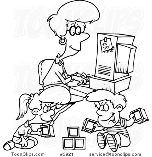 Cartoon Black and White Line Drawing of a Lady Working on Her Computer As Her Kids Play