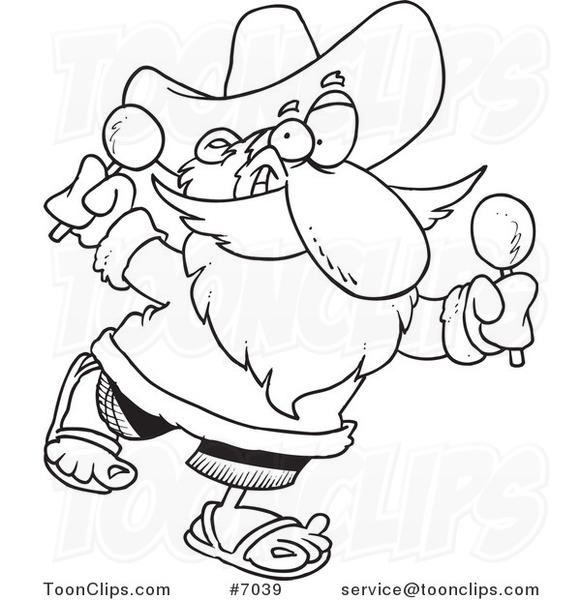 Cartoon Black and White Line Drawing of a Mexican Santa Shaking Maracas