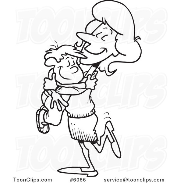 Cartoon Black and White Line Drawing of a Mom Hugging Her Son