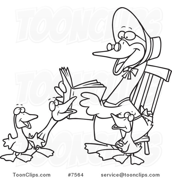 Cartoon Black and White Line Drawing of a Mother Goose Reading to Goslings