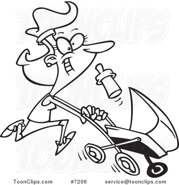 Cartoon Black and White Line Drawing of a Mother Running with a Pram