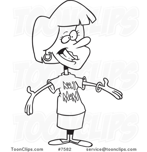 Cartoon Black and White Line Drawing of a Mother Wearing a Number One Mom Shirt