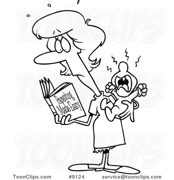 Cartoon Black and White Line Drawing of a New Mom Reading a Parenting Book