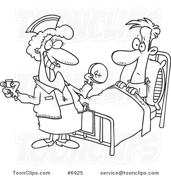 Cartoon Black and White Line Drawing of a Nurse Giving a Patient Medication