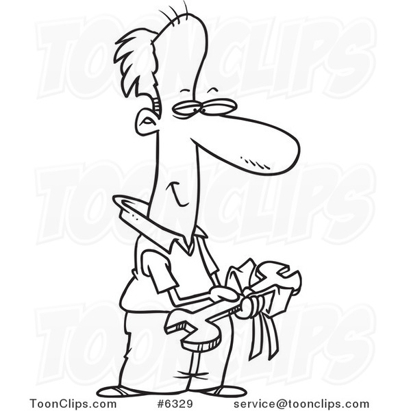 Cartoon Black and White Line Drawing of a Pleased Dad Holding a Wrench Gift