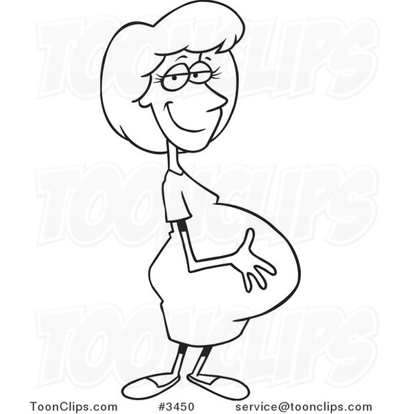 Cartoon Black and White Line Drawing of a Pregnant Lady