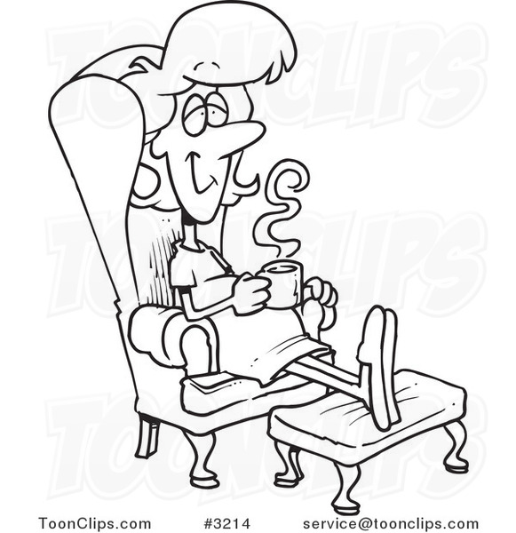 Cartoon Black and White Line Drawing of a Pregnant Lady Relaxing in a Chair with a Warm Beverage