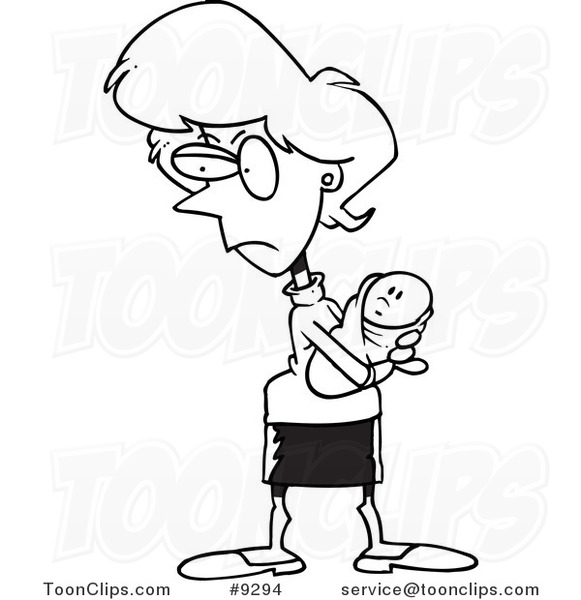 Cartoon Black and White Line Drawing of a Protective Mother