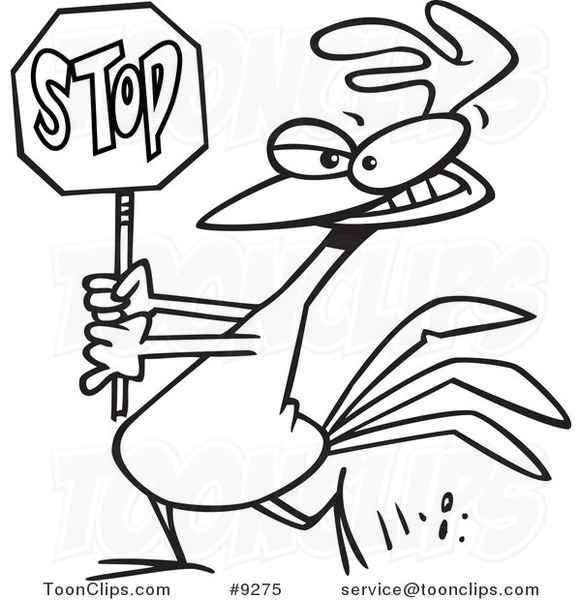 Cartoon Black and White Line Drawing of a Rooster Carrying a Stop Sign