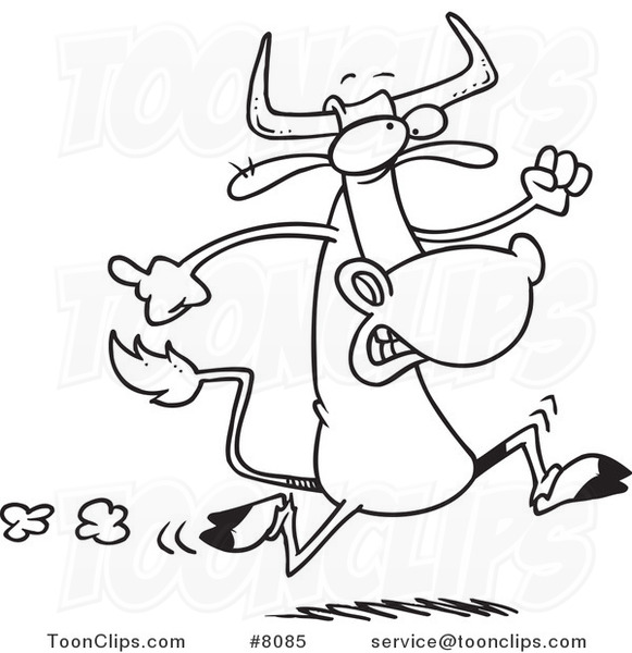 Cartoon Black and White Line Drawing of a Running Cow 8085 by Ron Leishman