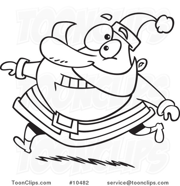 Cartoon Black and White Line Drawing of a Running Santa