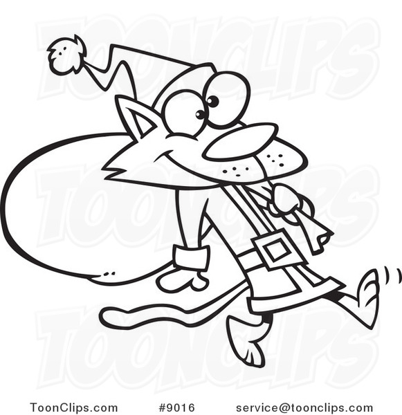 Cartoon Black and White Line Drawing of a Santa Cat Carrying a Sack