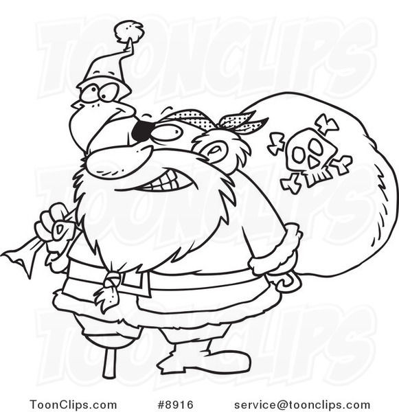 Cartoon Black and White Line Drawing of a Santa Pirate