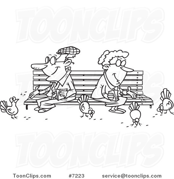 Cartoon Black and White Line Drawing of a Senior Couple Feeding Birds