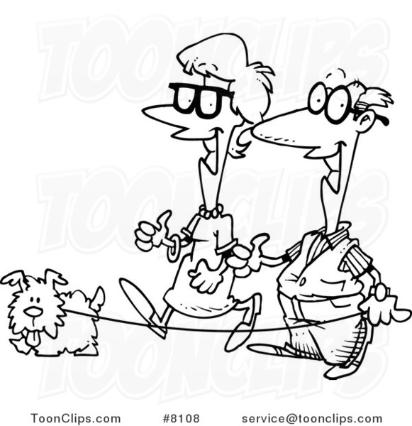 Cartoon Black and White Line Drawing of a Senior Couple Walking Their Dog
