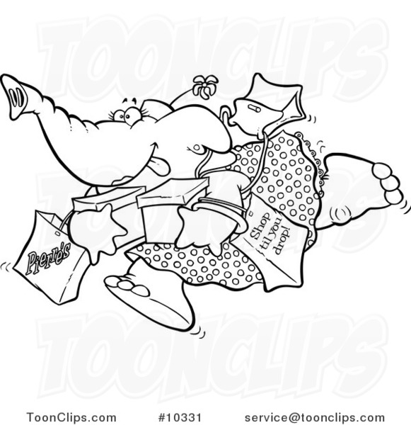 Cartoon Black and White Line Drawing of a Shopping Elephant