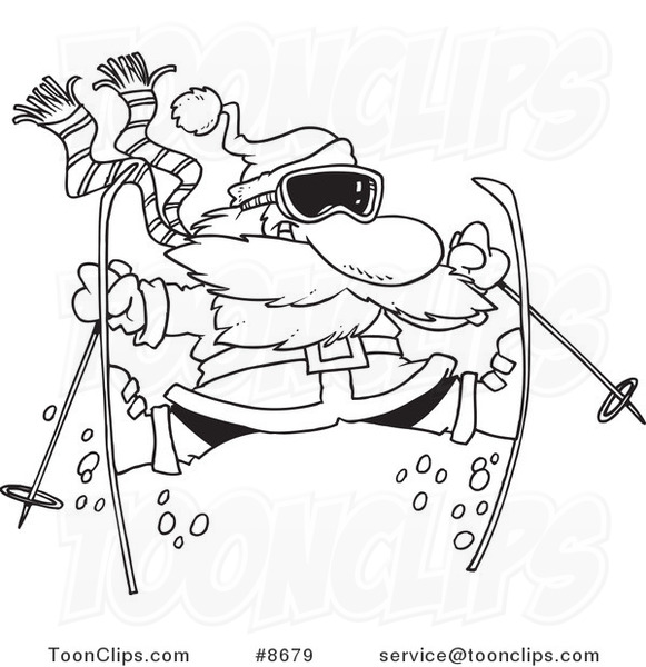 Cartoon Black and White Line Drawing of a Skiing Santa