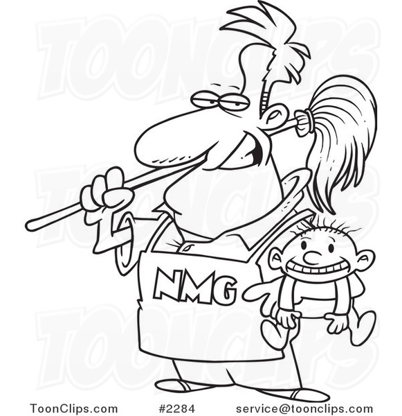 Cartoon Black and White Line Drawing of a Stay at Home Dad Holding a Baby